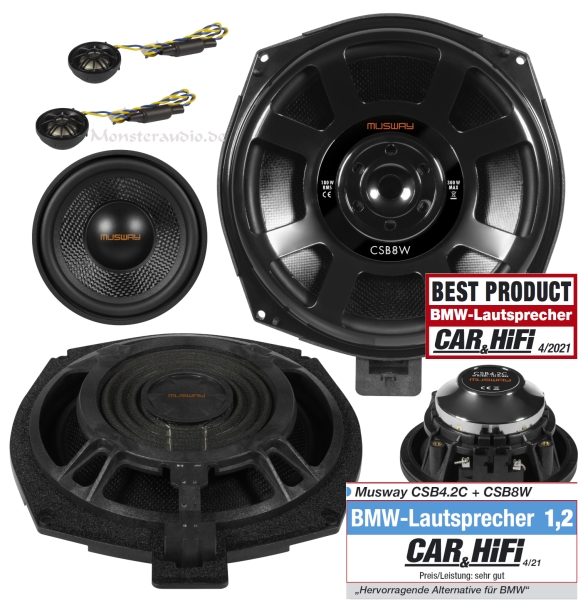 Musway 420 Watt 3-Wege-Set Subwoofer Lautsprecher BMW E- und F-Modelle CSB-4.2C + CSB8W
